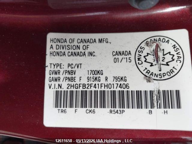 2015 HONDA CIVIC SEDAN 1.8L I-4 VVT, 143HP