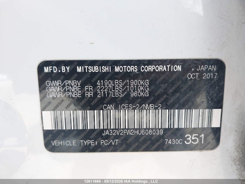 2017 Mitsubishi Lancer Es/Gts/Se Anniversary Edition/Se Black Edition/Se Ltd VIN: JA32V2FW2HU608039 Lot: 12611668