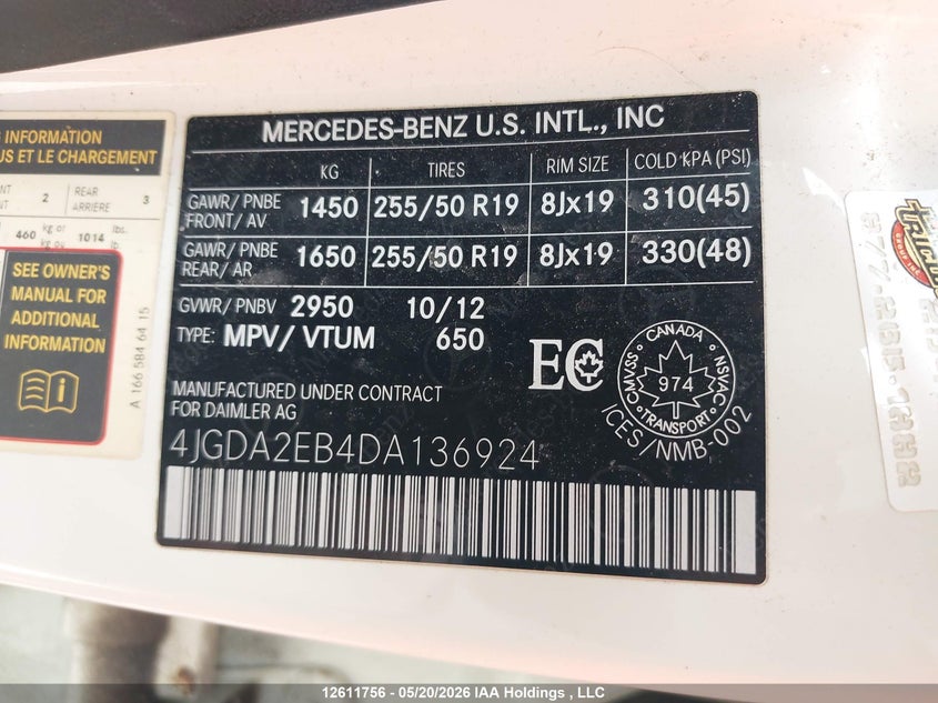 2013 Mercedes-Benz Ml 350 Bluetec 4Matic VIN: 4JGDA2EB4DA136924 Lot: 12611756