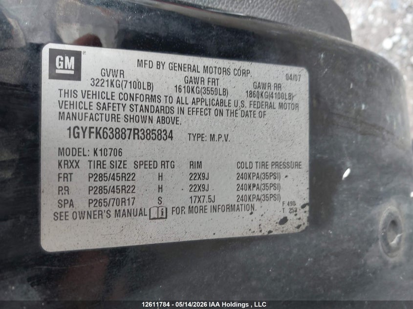 2007 Cadillac Escalade Standard VIN: 1GYFK63887R385834 Lot: 12611784
