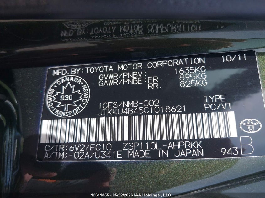 2012 Toyota 1.8 Xd Green Lot 111012611855 Vin JTKKU4B45C1018621