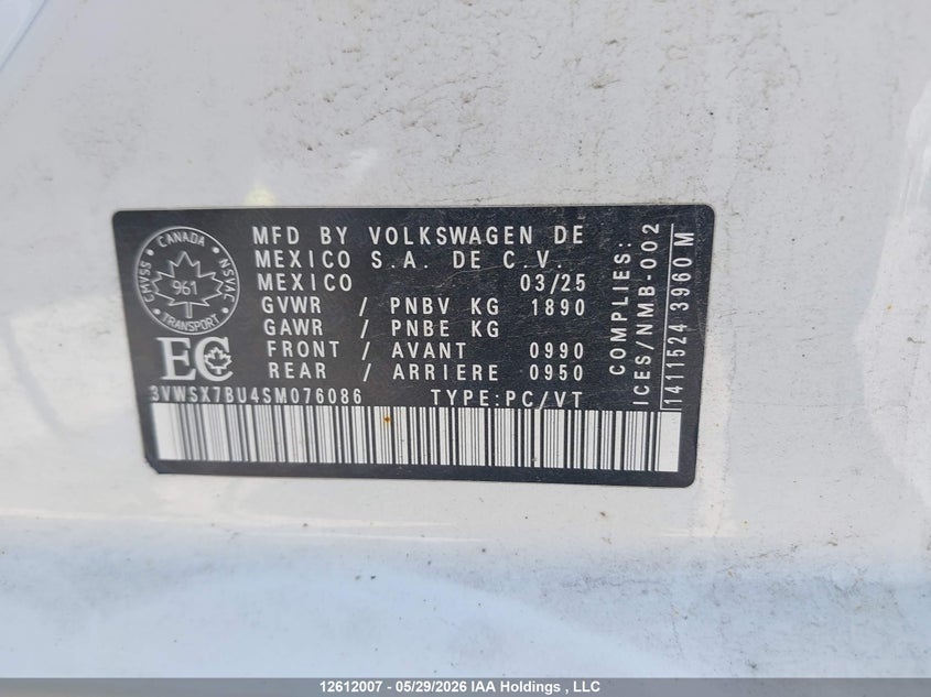 2025 Volkswagen Jetta VIN: 3VWSX7BU4SM076086 Lot: 12612007