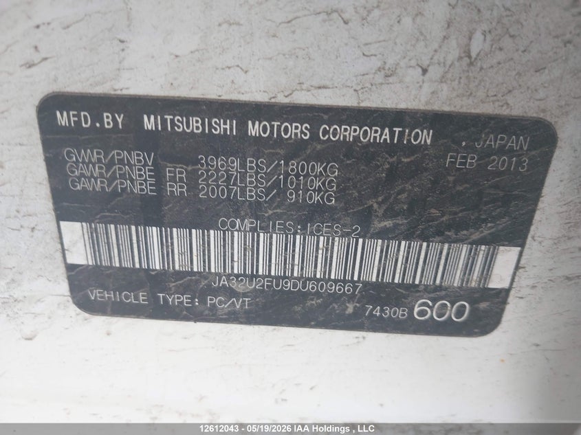 2013 Mitsubishi Lancer VIN: JA32U2FU9DU609667 Lot: 12612043