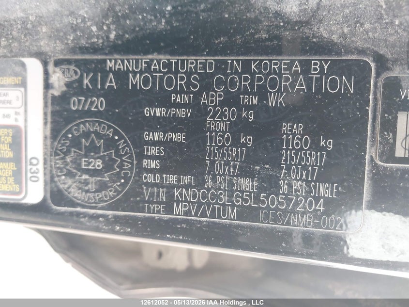 2020 Kia Niro Ev Ex VIN: KNDCC3LG5L5057204 Lot: 12612052