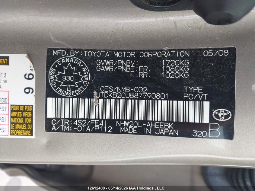 2008 Toyota Prius VIN: JTDKB20U887790801 Lot: 12612400