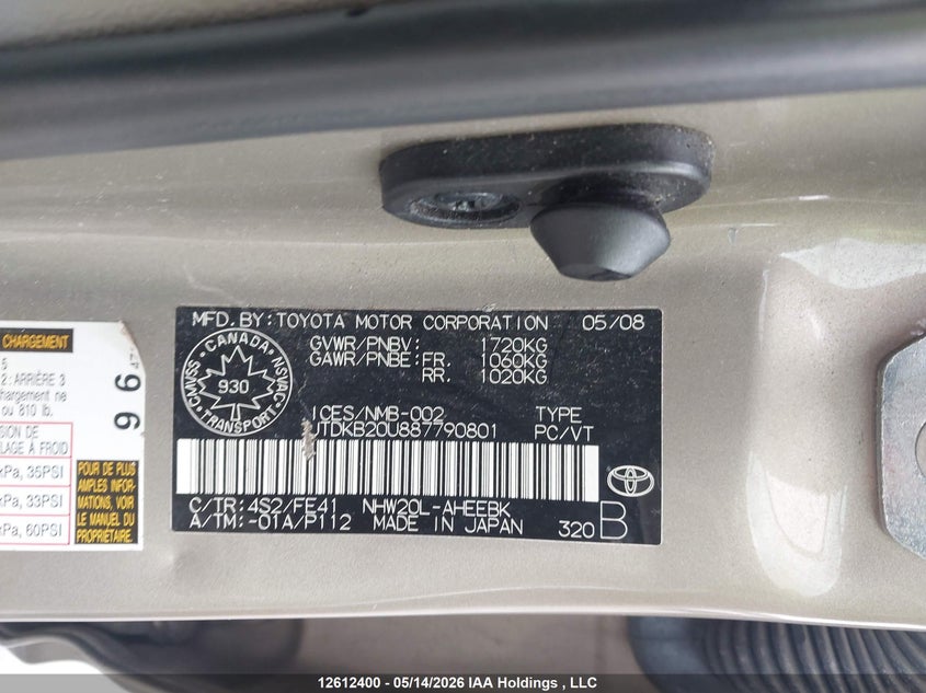 2008 Toyota Prius VIN: JTDKB20U887790801 Lot: 12612400