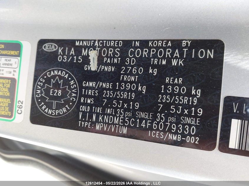 2015 Kia Sedona VIN: KNDME5C14F6079330 Lot: 12612454