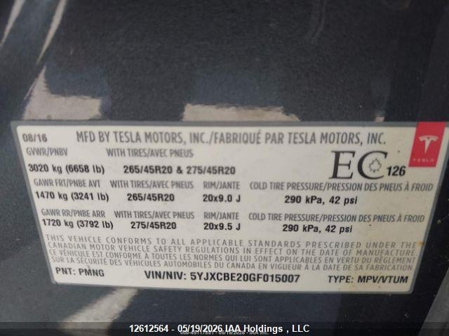 2016 Tesla Model X 60D/70D/75D/90D/P100D VIN: 5YJXCBE20GF015007 Lot: 12612564
