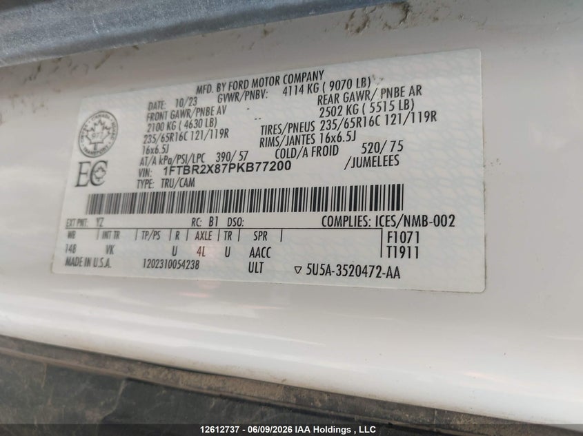 2023 Ford Transit T-250 VIN: 1FTBR2X87PKB77200 Lot: 12612737