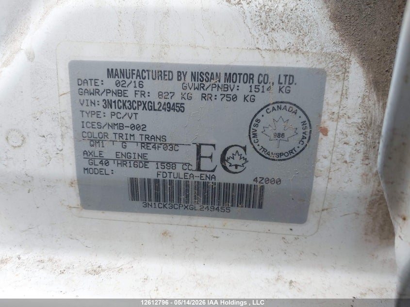 2016 Nissan Micra VIN: 3N1CK3CPXGL249455 Lot: 12612796