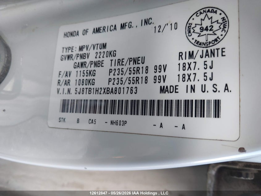 2011 Acura Rdx VIN: 5J8TB1H2XBA801763 Lot: 12612847