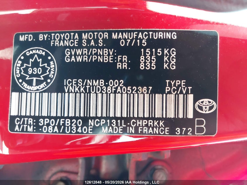 2015 Toyota Yaris Le VIN: VNKKTUD38FA052367 Lot: 12612848