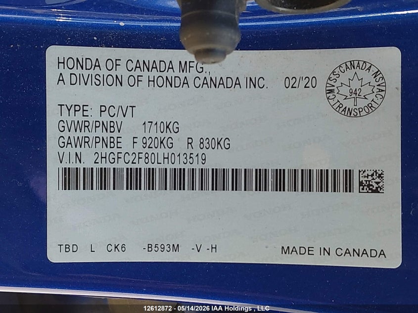 2020 Honda Civic Sport VIN: 2HGFC2F80LH013519 Lot: 12612872