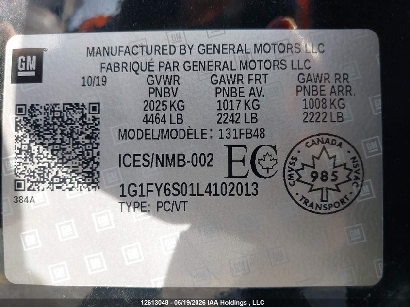2020 Chevrolet Bolt Ev Lt VIN: 1G1FY6S01L4102013 Lot: 12613048
