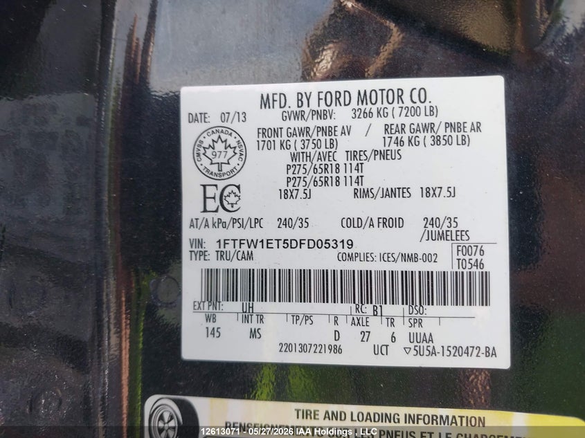 2013 Ford F-150 lightning 3.5 F150 Supercrew black Lot 111012613071 Vin 1FTFW1ET5DFD05319
