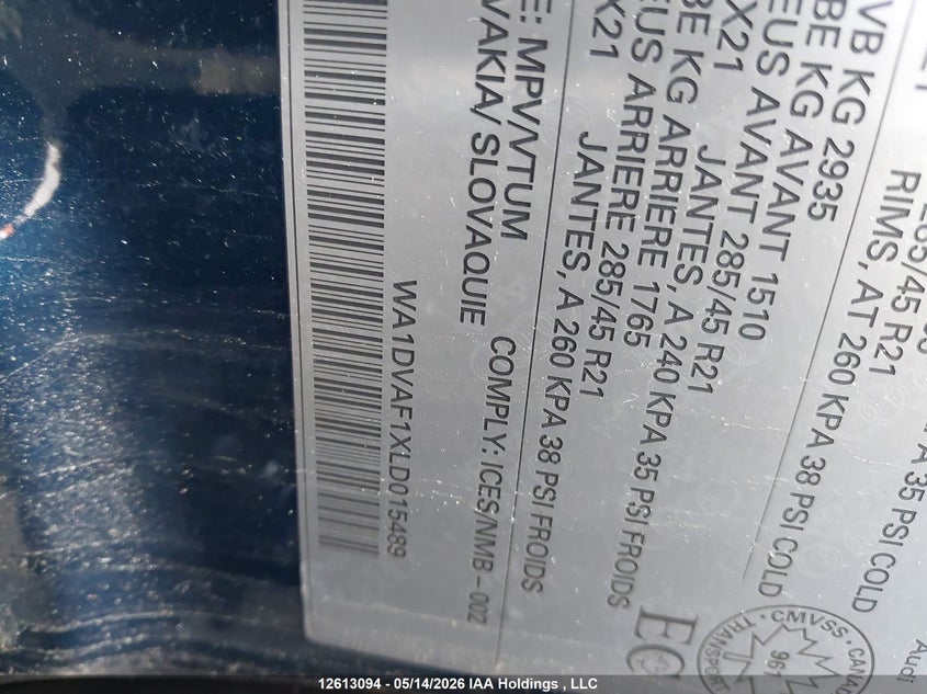 2020 Audi Q8 VIN: WA1DVAF1XLD015489 Lot: 12613094