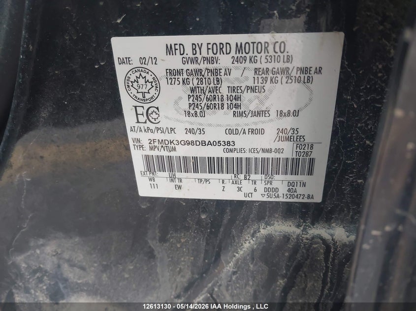 2013 Ford Edge VIN: 2FMDK3G98DBA05383 Lot: 12613130