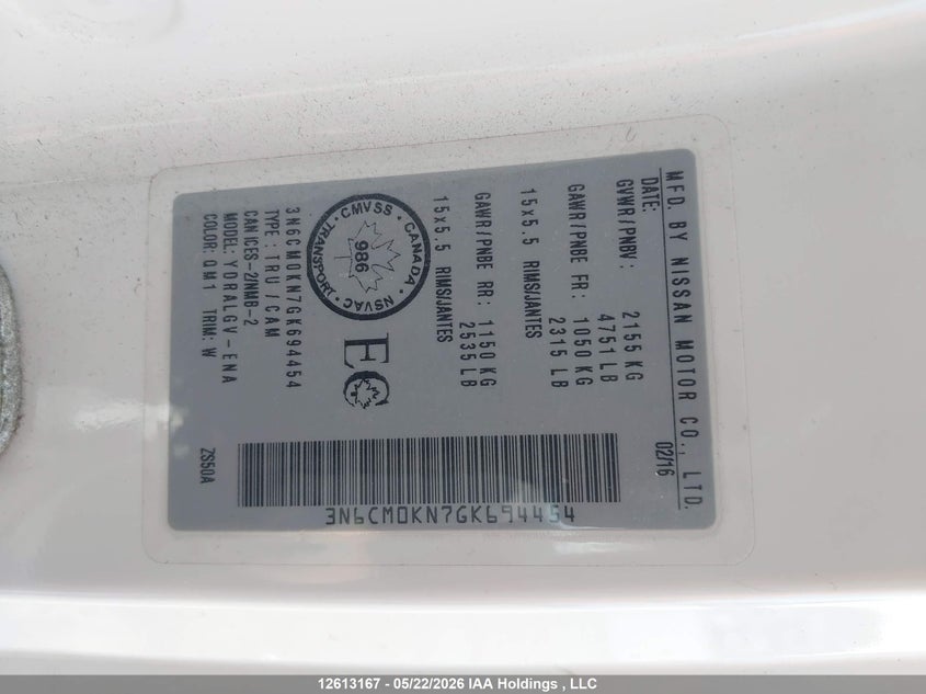 2016 Nissan Nv200 2.5S/2.5Sv VIN: 3N6CM0KN7GK694454 Lot: 12613167