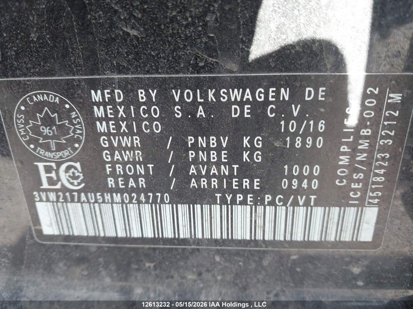 2017 Volkswagen Golf S/Wolfsburg/Se/Sel VIN: 3VW217AU5HM024770 Lot: 12613232