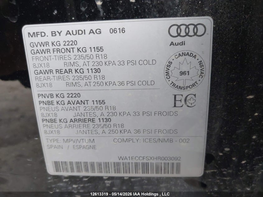 2017 Audi Q3 Premium VIN: WA1ECCFSXHR003092 Lot: 12613319