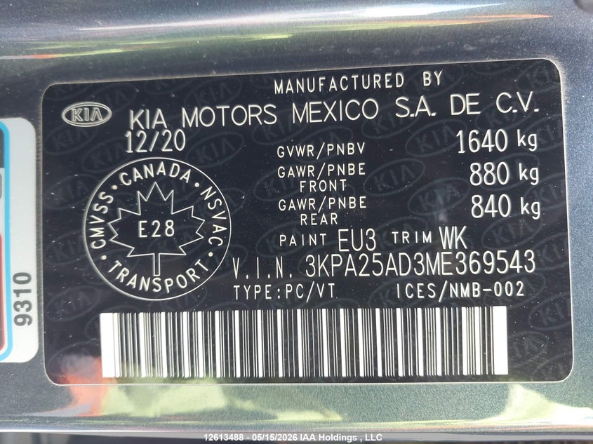 2021 Kia Rio S VIN: 3KPA25AD3ME369543 Lot: 12613488