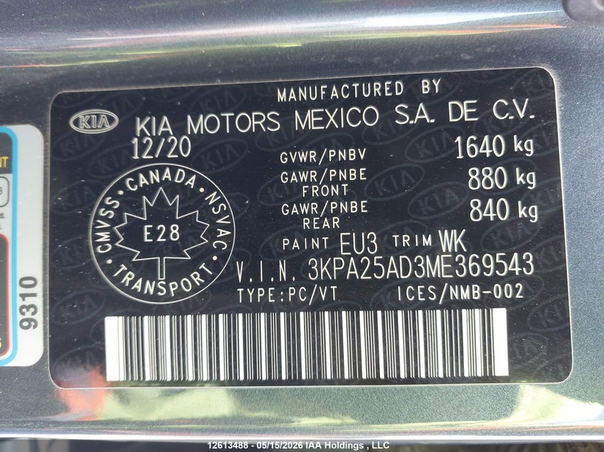 2021 Kia Rio S VIN: 3KPA25AD3ME369543 Lot: 12613488