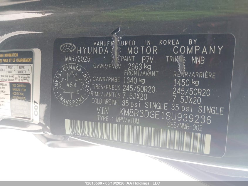 2025 Hyundai Palisade Xrt VIN: KM8R3DGE1SU939236 Lot: 12613580