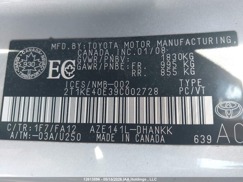 2009 Toyota Matrix Xr VIN: 2T1KE40E39C002728 Lot: 12613596