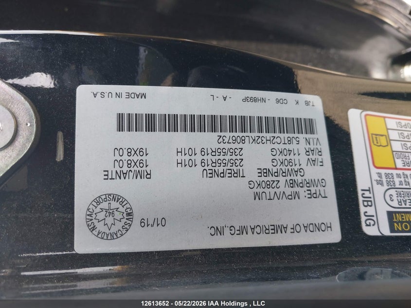 2019 Acura Rdx Tech VIN: 5J8TC2H32KL806732 Lot: 12613652