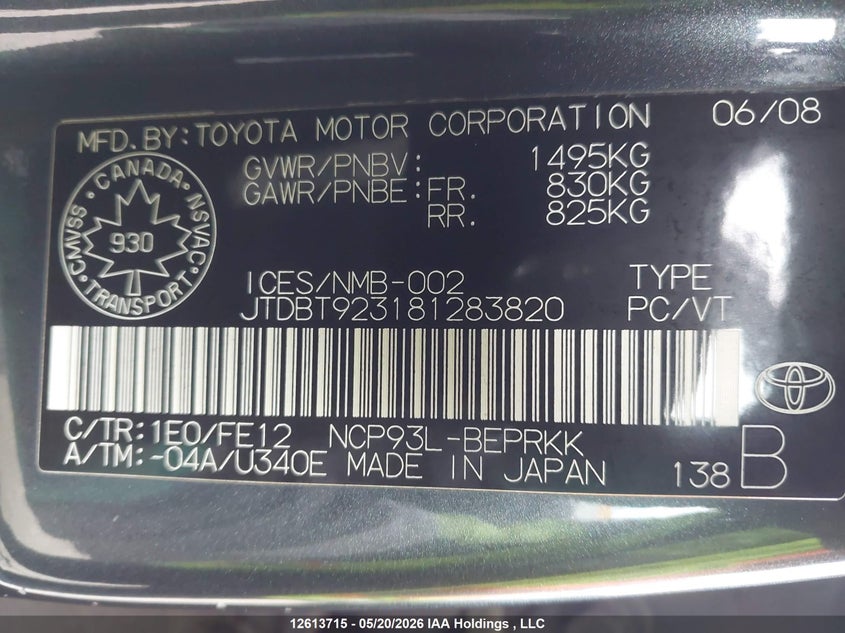 2008 Toyota Yaris VIN: JTDBT923181283820 Lot: 12613715