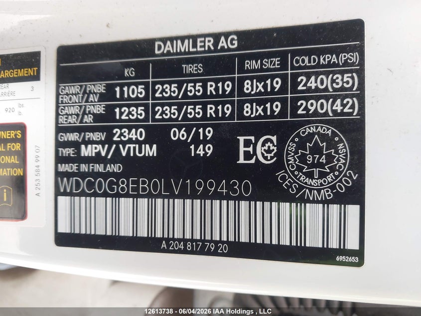 2020 Mercedes-Benz Glc 300 4Matic VIN: WDC0G8EB0LV199430 Lot: 12613738