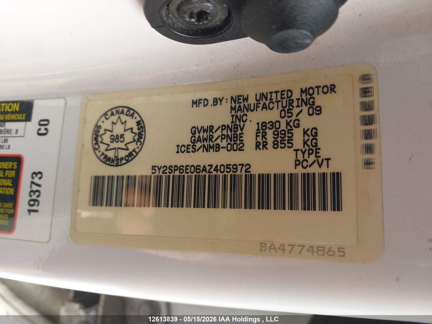 2010 Pontiac Vibe VIN: 5Y2SP6E06AZ405972 Lot: 12613839