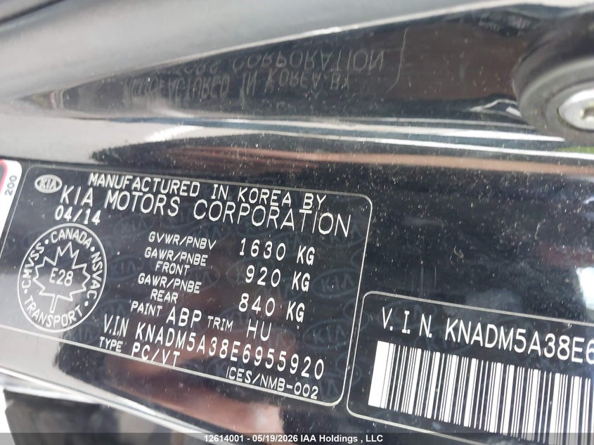 2014 Kia Rio VIN: KNADM5A38E6955920 Lot: 12614001