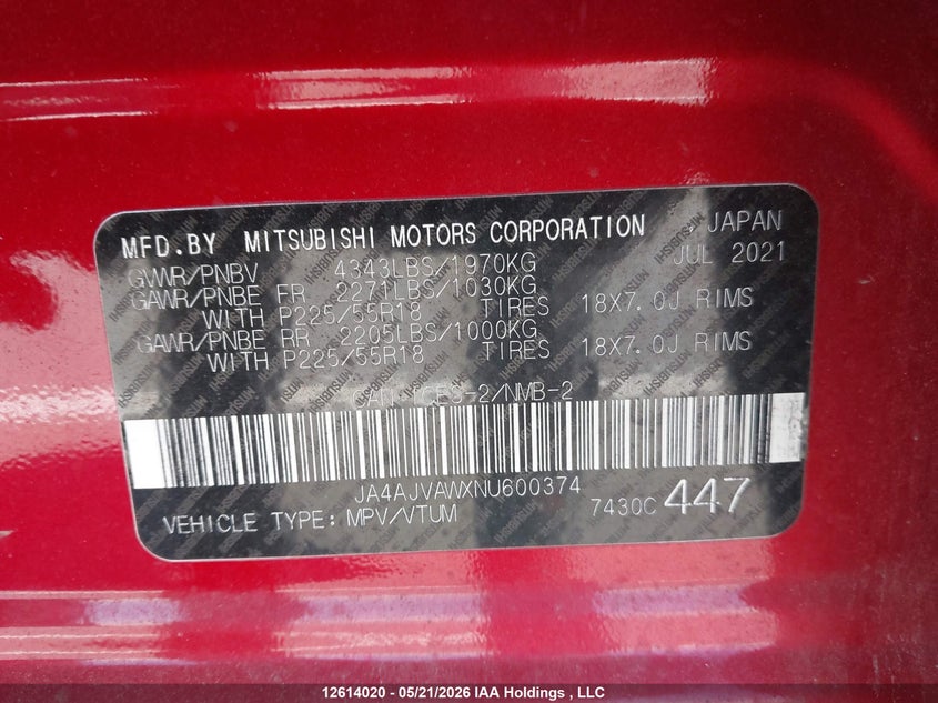 2022 Mitsubishi Rvr Se/Sel/Le/Gt VIN: JA4AJVAWXNU600374 Lot: 12614020