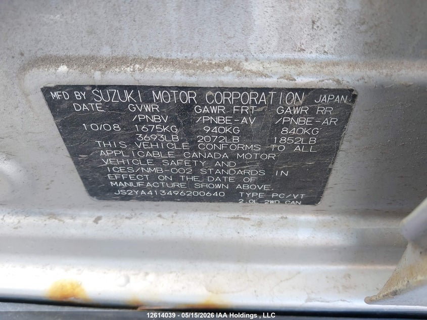 2009 Suzuki Sx4 Technology VIN: JS2YA413496200640 Lot: 12614039