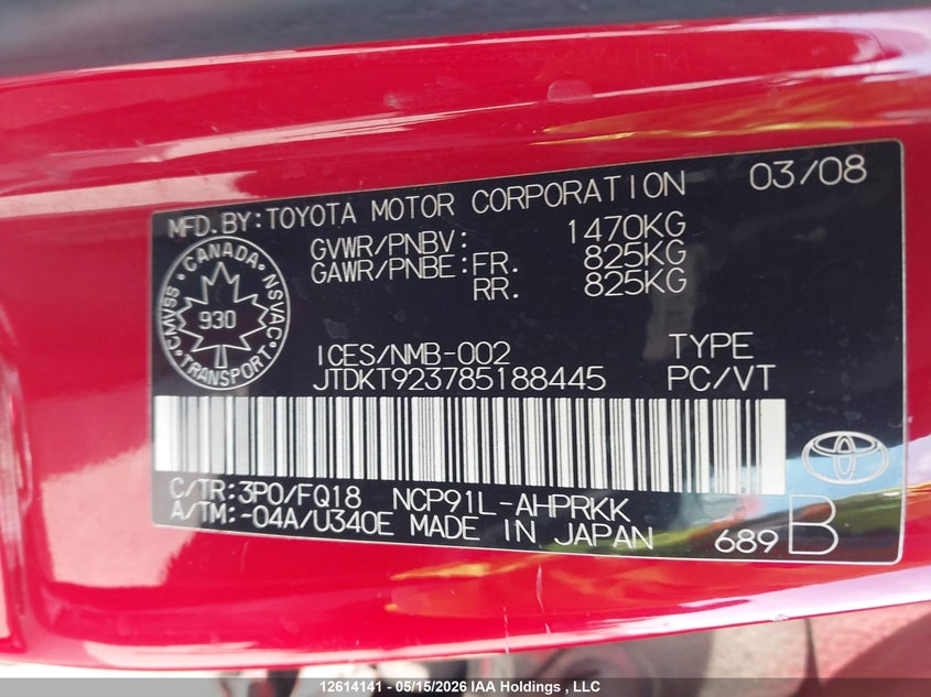 2008 Toyota Yaris VIN: JTDKT923785188445 Lot: 12614141