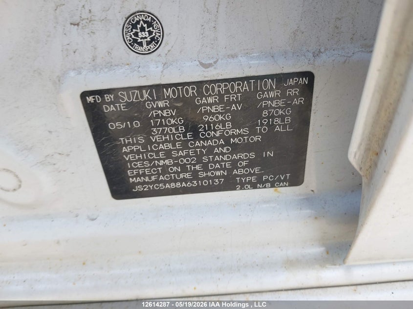 2010 Suzuki Sx4 VIN: JS2YC5A88A6310137 Lot: 12614287