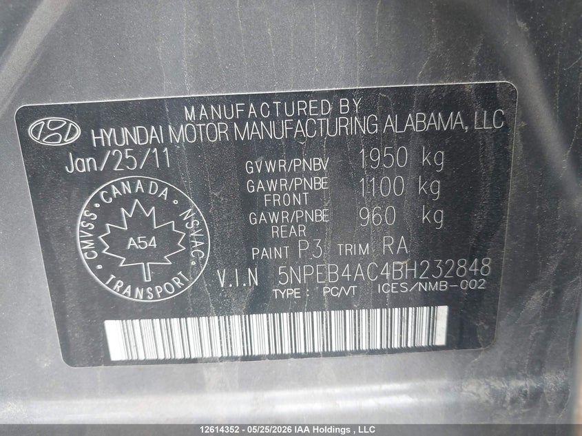 2011 Hyundai Sonata Gls VIN: 5NPEB4AC4BH232848 Lot: 12614352