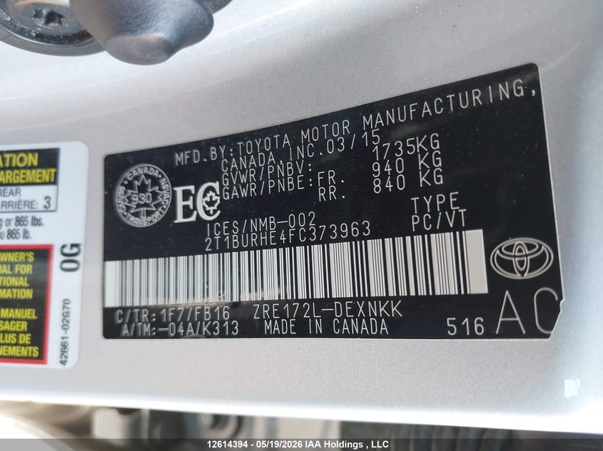 2015 TOYOTA COROLLA SEDAN 1.8L I-4 DOHC, VVT, 132HP