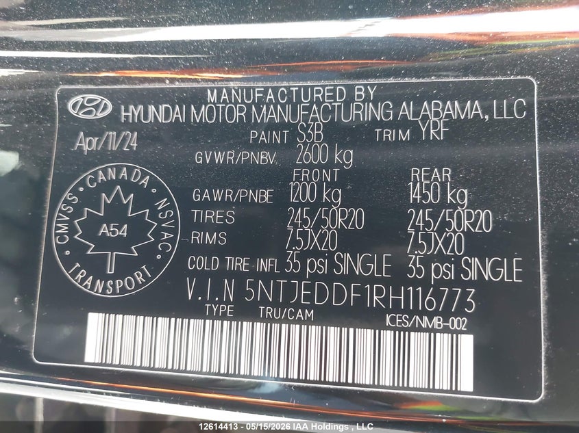2024 Hyundai Santa Cruz Ultimate W/Colour Package VIN: 5NTJEDDF1RH116773 Lot: 12614413