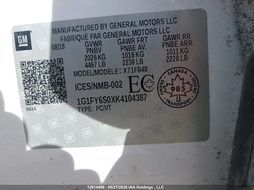 2019 Chevrolet Bolt Ev Lt VIN: 1G1FY6S0XK4104387 Lot: 12614486