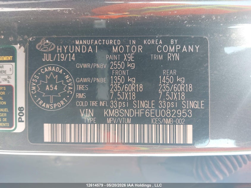 2014 Hyundai Santa Fe Gls VIN: KM8SNDHF6EU082953 Lot: 12614579