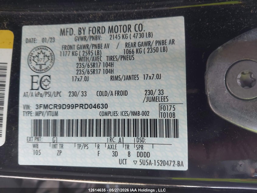 2023 Ford Bronco Sport Badlands VIN: 3FMCR9D99PRD04630 Lot: 12614635