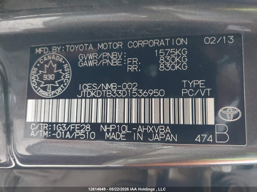 2013 Toyota Prius C VIN: JTDKDTB33D1536950 Lot: 12614649