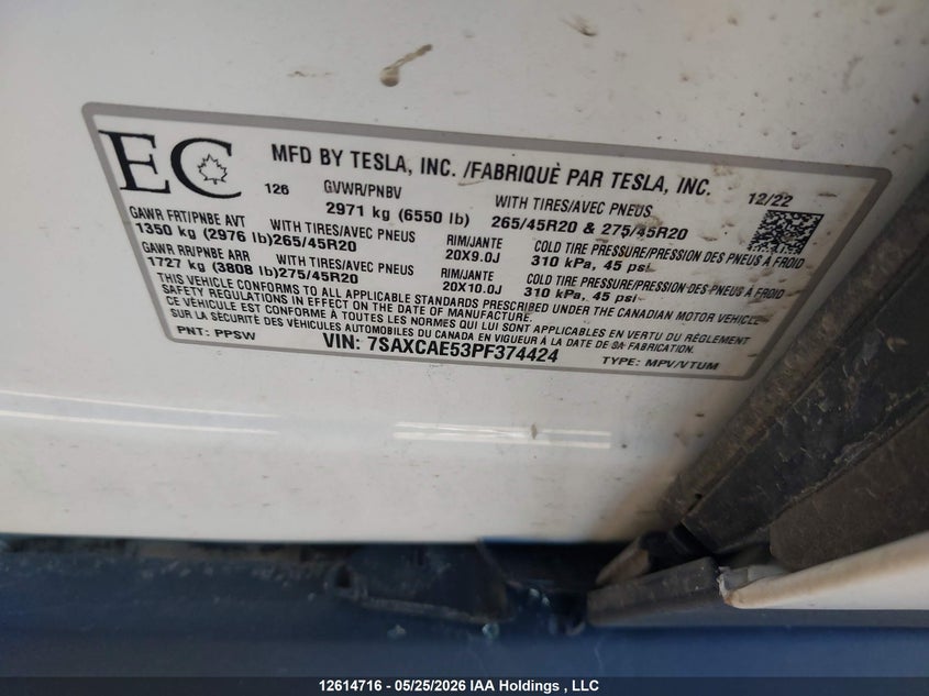 2023 Tesla Model X Awd/Standard Range VIN: 7SAXCAE53PF374424 Lot: 12614716