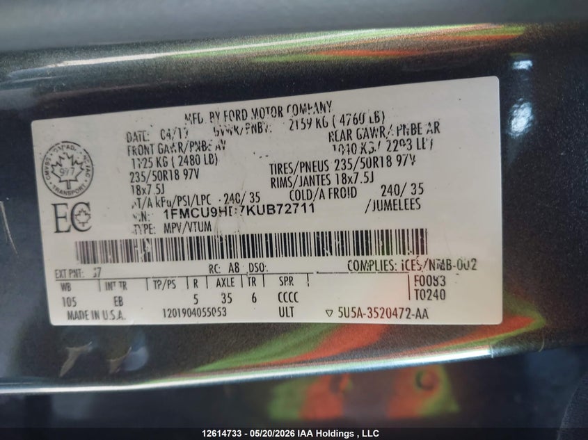 2019 Ford Escape Sel VIN: 1FMCU9HD7KUB72711 Lot: 12614733