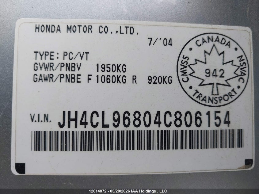 2004 Acura Tsx VIN: JH4CL96804C806154 Lot: 12614872