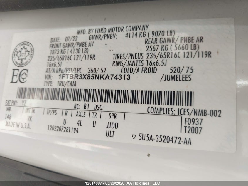 2022 Ford Transit T-250 VIN: 1FTBR3X85NKA74313 Lot: 12614897