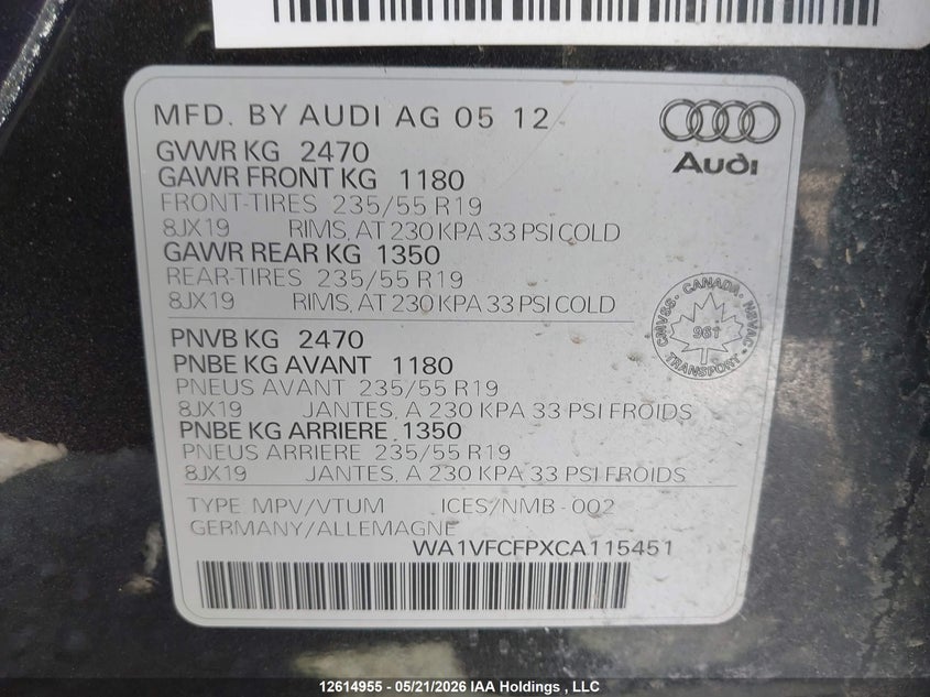2012 Audi Q5 2.0 2.0T Premium Plus black Lot 111012614955 Vin WA1VFCFPXCA115451