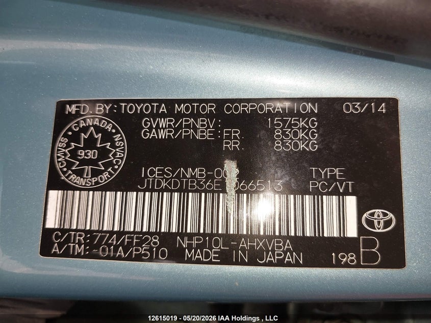2014 Toyota Prius C VIN: JTDKDTB36E1066513 Lot: 12615019